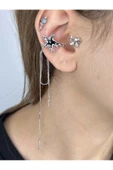 Küpe, Kararmayan Çelik, Kıkırdak bölgesi, Kore Tarzı, Ay ve Yıldız Detaylı, Gümüş Renk, Model595 thumbnail 3