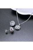 Zirkon Taşlı, Yuvarlak Model, Paslanmaz Çelik Kolye Ve Küpe Set48, Gümüş Renk - 4