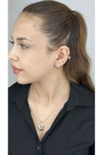 Zirkon Taşlı, Küpe Ve Kolye, Altın Kaplama Çelik Set 41, Pembe (ROSE) Renk - 1