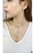 Kolye, Kararmayan Paslanmaz Çelik, Kurdela ve İnci Detaylı, Gümüş Renk, Model356 thumbnail 1