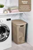 İronika Slim Kapaklı Dekoratif Kirli Çamaşır Sepeti 45 Litre - Kahve - 2