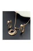 Zirkon Taşlı, Küpe Ve Kolye, Altın Kaplama Çelik Set 41, Pembe (ROSE) Renk - 3