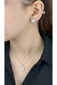 Zirkon Taşlı, Yuvarlak Model, Paslanmaz Çelik Kolye Ve Küpe Set48, Gümüş Renk - 2