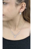 Zirkon Taşlı, Rodyum Kaplama Kolye Küpe Seti 54, Gümüş Renk - 3