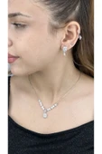 Zirkon Taşlı, Rodyum Kaplama Kolye Küpe Seti 53, Gümüş Renk - 3