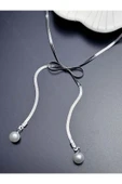 Kolye, Kararmayan Paslanmaz Çelik, Kurdela ve İnci Detaylı, Gümüş Renk, Model356 thumbnail 3