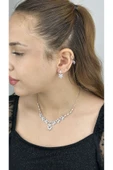 Zirkon Taşlı, Rodyum Kaplama Kolye Küpe Seti 58, Gümüş Renk - 3