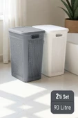 İronika Slim İki Bölmeli Kapaklı Dekoratif Kirli Çamaşır Sepeti 90 Litre Gri - Beyaz - 1