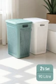 İronika Slim İki Bölmeli Kapaklı Dekoratif Kirli Çamaşır Sepeti 90 Litre Yeşil - Beyaz - 1