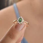 14 Ayar Mikron Altın Kaplama Zümrüt Yeşili Taşlı Damla Halo Yüzük – Vintage Stil - RS00117 thumbnail 2