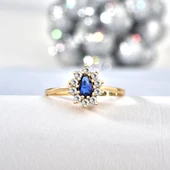 14 Ayar Mikron Altın Kaplama Safir Taşlı Damla Halo Yüzük – Vintage Stil - RS00116 thumbnail 2