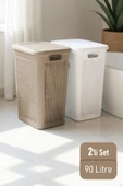 İronika Slim İki Bölmeli Kapaklı Dekoratif Kirli Çamaşır Sepeti 90 Litre Kahve - Beyaz - 1