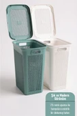 İronika Slim İki Bölmeli Kapaklı Dekoratif Kirli Çamaşır Sepeti 90 Litre Yeşil - Beyaz - 2