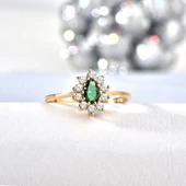 14 Ayar Mikron Altın Kaplama Zümrüt Yeşili Taşlı Damla Halo Yüzük – Vintage Stil - RS00117 thumbnail 1