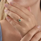 14 Ayar Mikron Altın Kaplama Zümrüt Yeşili Taşlı Damla Halo Yüzük – Vintage Stil - RS00117 thumbnail 3