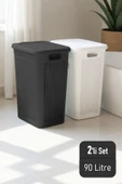 İronika Slim İki Bölmeli Kapaklı Dekoratif Kirli Çamaşır Sepeti 90 Litre Siyah - Beyaz - 1