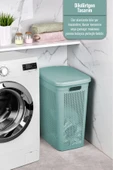 İronika Slim İki Bölmeli Kapaklı Dekoratif Kirli Çamaşır Sepeti 90 Litre Yeşil - Beyaz - 3