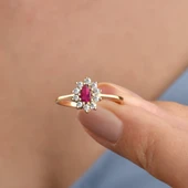 14 Ayar Mikron Altın Kaplama Kırmızı Taşlı Damla Halo Yüzük – Vintage Still - RS00118 thumbnail 2