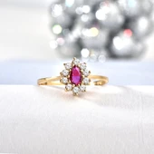 14 Ayar Mikron Altın Kaplama Kırmızı Taşlı Damla Halo Yüzük – Vintage Still - RS00118 thumbnail 3