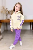 Kız Çocuk Sırt Baskılı ve Kollarında Yazı Detaylı Sweatshirt Mor Eşofman Takım thumbnail 1