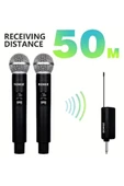 Profesyonel Çiftli Kablosuz Mikrofon Seti Karaoke Şarj Edilebilir 50 Metre Mesafe thumbnail 1