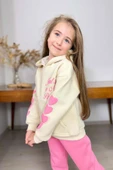 Kız Çocuk Sırt Baskılı ve Kollarında Yazı Detaylı Sweatshirt Pembe Eşofman Takım thumbnail 2