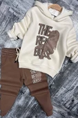 Erkek Çocuk Önü Yazı Ve Dino Baskılı Kapşonlu Sweatshirt 3 İplik Kahverengi Eşofman Takım thumbnail 1
