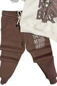 Erkek Çocuk Önü Yazı Ve Dino Baskılı Kapşonlu Sweatshirt 3 İplik Kahverengi Eşofman Takım thumbnail 6