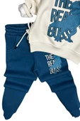 Erkek Çocuk Önü Yazı Ve Dino Baskılı Kapşonlu Sweatshirt 3 İplik Mavi Eşofman Takım thumbnail 6