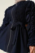 Büzgülü Fermuarlı Kuşaklı Ceket Lacivert thumbnail 4