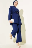 Pelerin Taşlı İp Kuşaklı İkili Takım Lacivert thumbnail 1