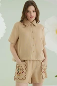NBB Cep Nakışlı Şortlu Müslin Pijama Takımı Bej thumbnail 2
