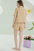 NBB Cep Nakışlı Şortlu Müslin Pijama Takımı Bej thumbnail 3