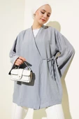 Yandan Çift İp Bağlamalı Kimono Gri thumbnail 1