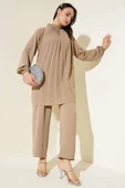 Yaka Taşlı Pileli Tunik İkili Takım Latte thumbnail 1
