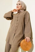 Brit Düğmeli Keten Tunik İkili Takım Vizon thumbnail 2
