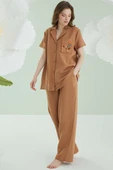 NBB Cep Nakışlı Kısa Kol Müslin Pijama Takım Kahverengi thumbnail 1