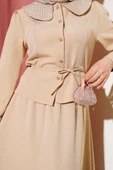 Taşlı Bebe Yaka Etekli İkili Takım Bej thumbnail 4