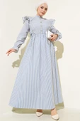 Omuz Fırfırlı Bel Lastikli Gofre Elbise Mavi thumbnail 1