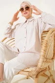 Omuz Büzgülü Çizgili Gömlek Latte thumbnail 1