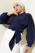 Yarım Düğmeli Bağlamalı Kısa Gömlek Lacivert thumbnail 1