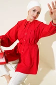 Çift Yaka İp Kuşaklı Gömlek Kırmızı thumbnail 1