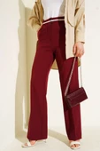Bel Şeritli Düğmeli Palazzo Pantolon Bordo thumbnail 1