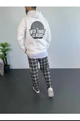Erkek Oversize Üç İplik Kapüşonlu Sweatshirt – Beyaz Ön Baskılı, Kanguru Cepli, Rahat Kalıp, İçi Pamuklu Model thumbnail 2