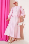 Fırfırlı Düğmeli Etekli İkili Takım Pembe thumbnail 1