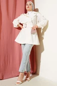 Bel Lastikli Kendinden Kemerli Ceket Krem thumbnail 2