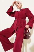 Brit Düğmeli İp Kuşaklı Tunik İkili Takım Bordo thumbnail 2