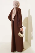 Taş Düğmeli Detaylı Büyük Beden Ferace Kahve thumbnail 3