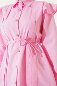 Omuz Fırfırlı Şeritli Kuşaklı Gömlek Pembe thumbnail 4