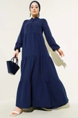 Yarım Düğmeli Hakim Yaka Müslin Elbise Lacivert thumbnail 1